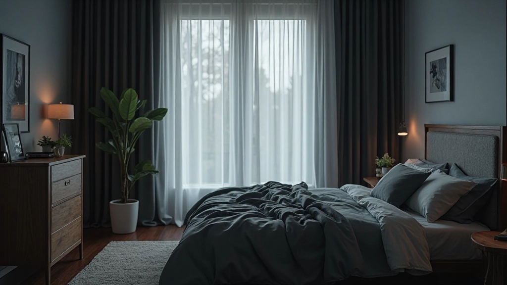 Moderne slaapkamer met donkere gordijnen, koel interieur en minimalistische inrichting voor optimale slaapkwaliteit