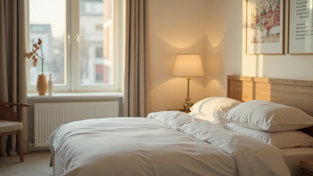 Gezellige slaapkamer met netjes opgemaakt bed en zachte verlichting door ramen