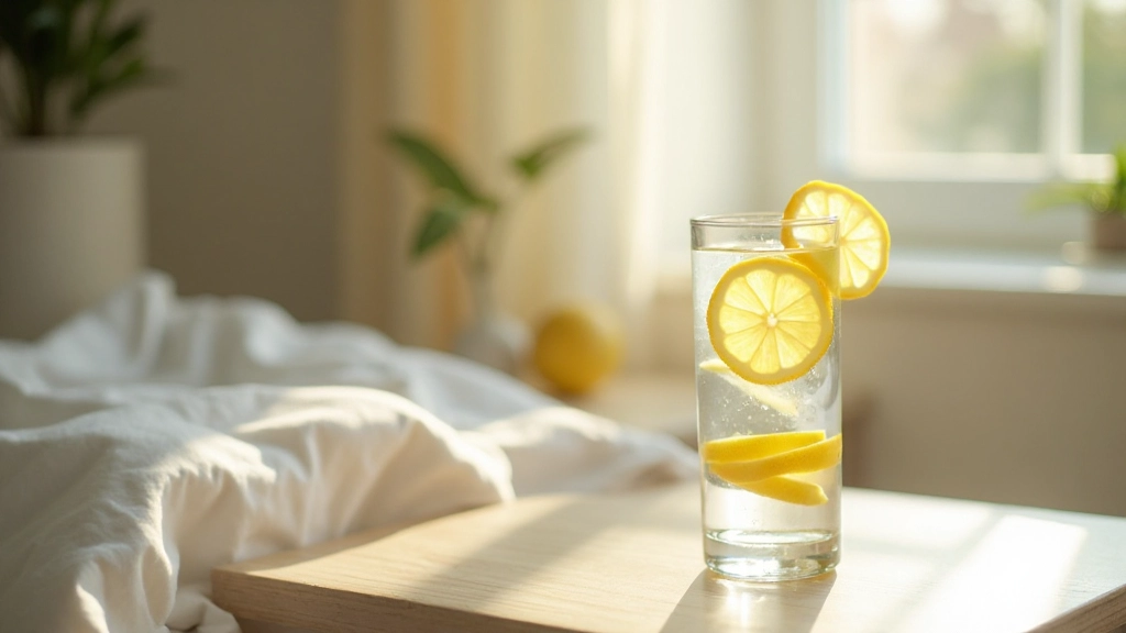 Glazen glas water met verse citroenschijven op nachtkastje met zacht ochtendlicht van raam