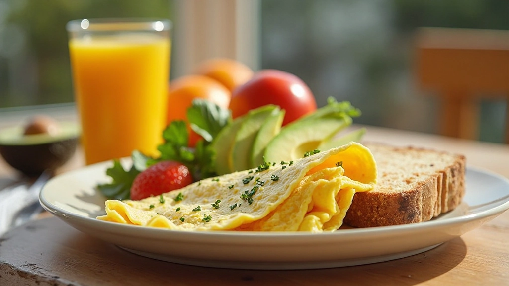 Gezond ontbijt met omelet, avocado, toast en verse sinaasappelsap op houten tafel in zonnig huis