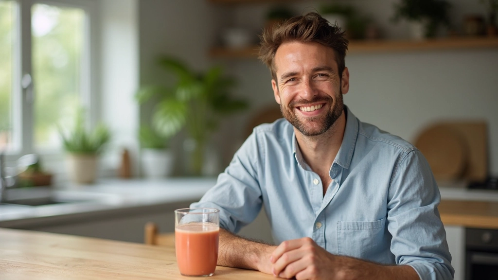 Man van 35 jaar in casual kleding zit aan tafel met vers gemaakt smoothie in heldere keuken