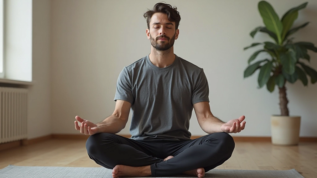 Persoon mediteert in rustige yoga studio met zachte licht en rustgevende atmosfeer