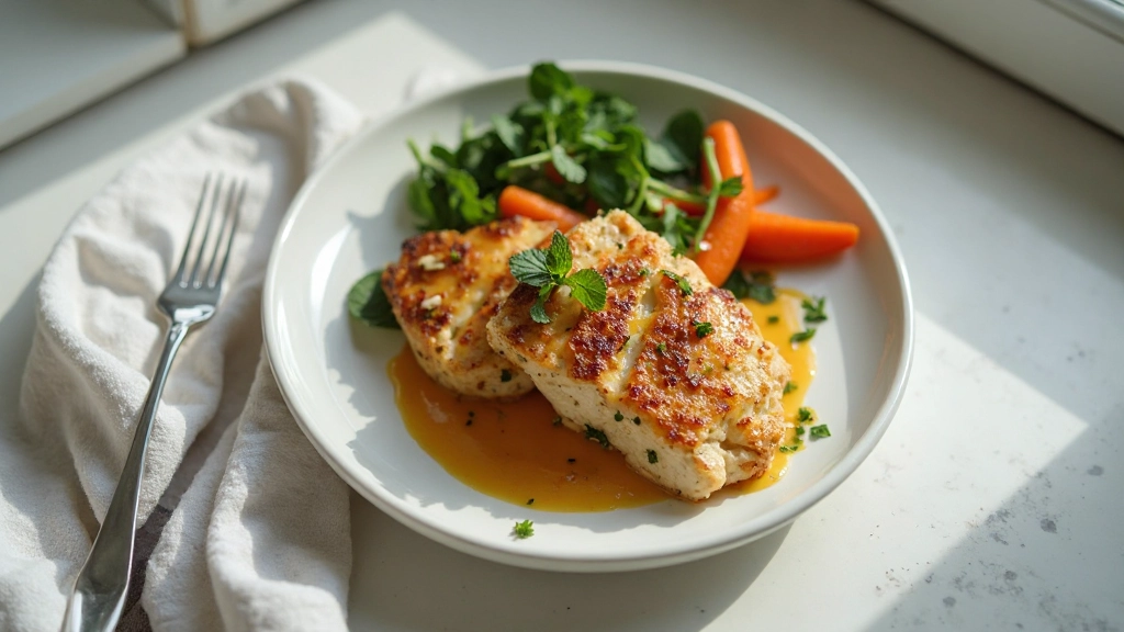 Gezonde maaltijd met groenten en proteïne op keramische bord in minimalistisch keuken