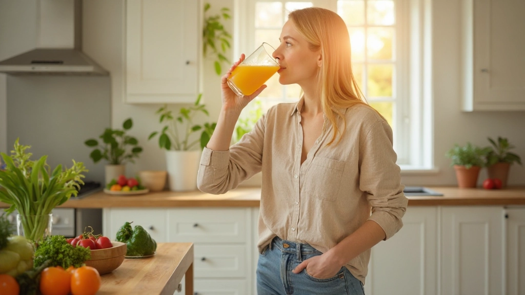 Persoon drinkt verse sap in zonnig keuken met houten tafel en groenten op het aanrecht