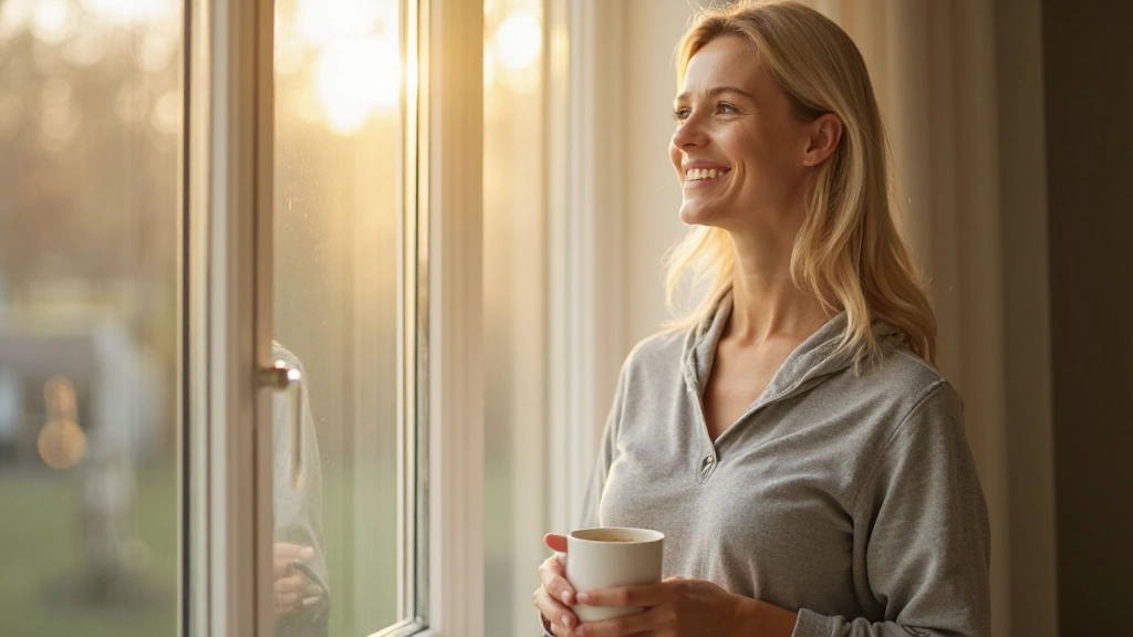 Persoon geniet van ochtendlicht bij het raam met kopje thee, start van gezonde dagelijkse routine